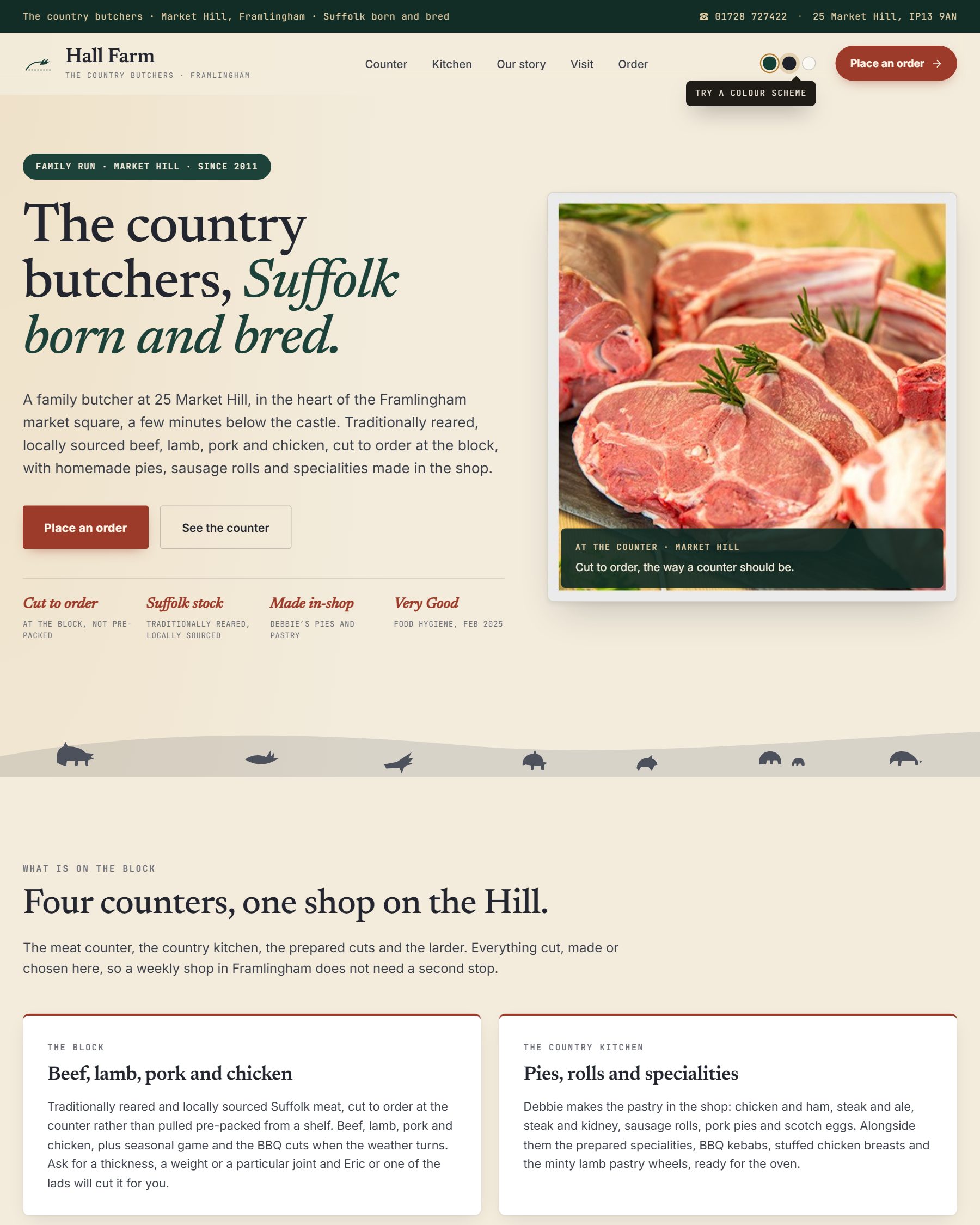 A rebuild of the Hall Farm Butchers home page, the shop counter and homemade pies on Market Hill, Framlingham